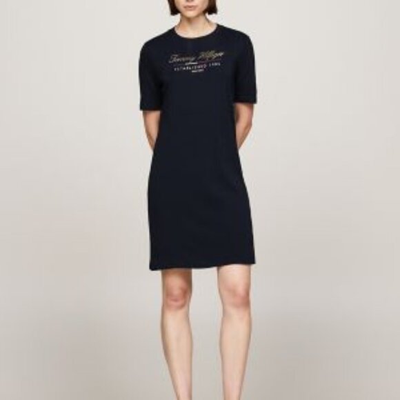 Tommy Hilfiger Script Logo T-Shirt Dress Size XS Navy Blue - Picture 1 of 5